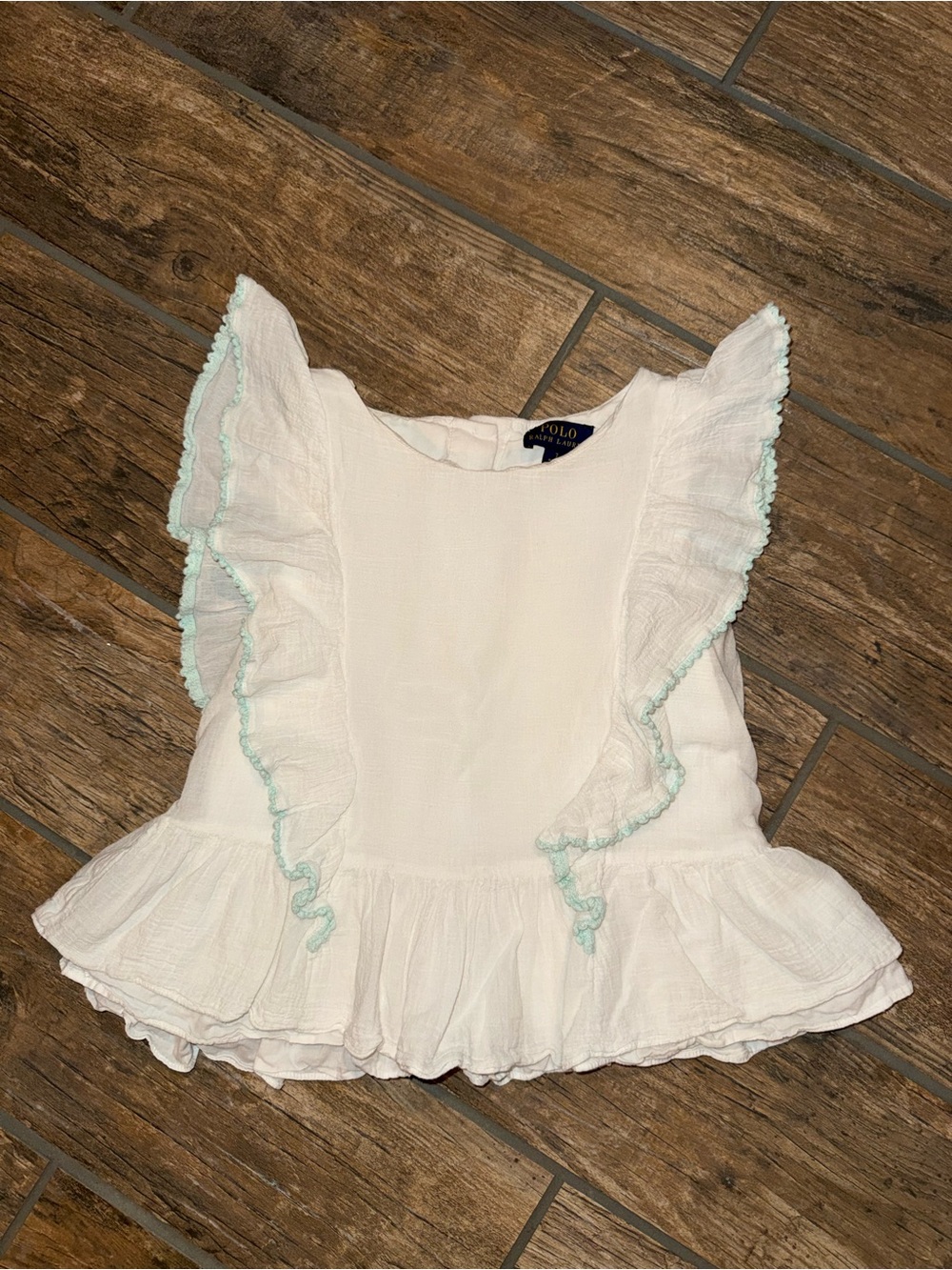 Polo Ralph Lauren White Ruffled Girls Top with Mint Trim